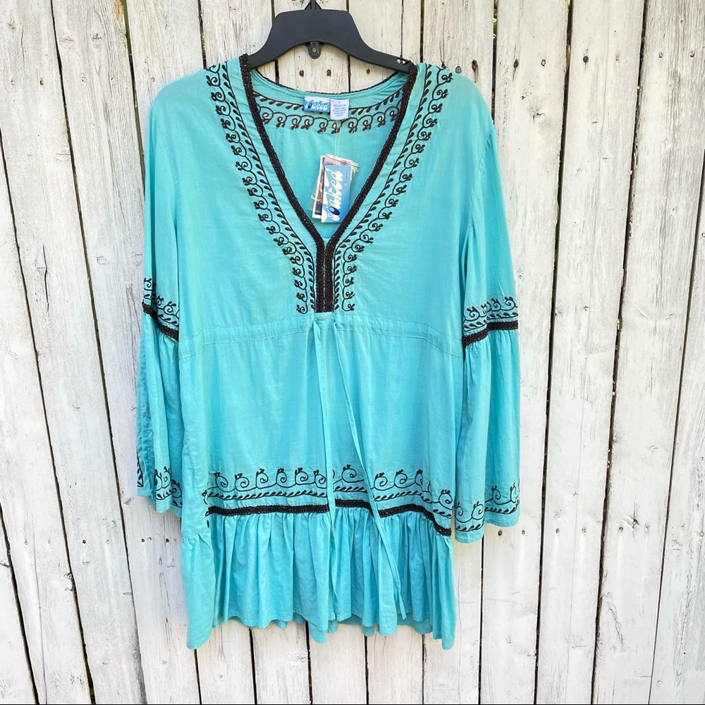 Turquoise blue cotton beach cover up Tunic top L